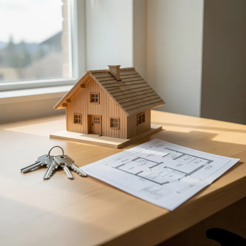 Couple visitant un appartement lumineux, clés et plan du logement posés sur une table